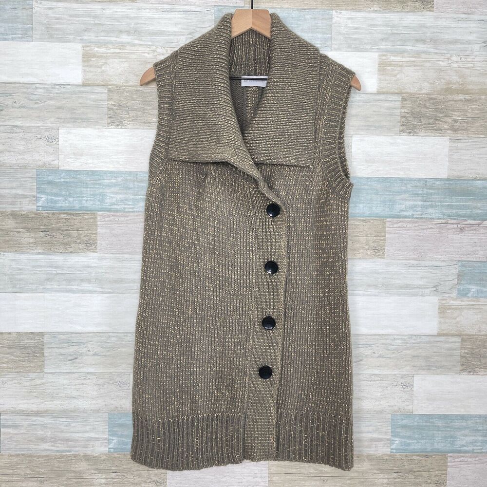 Soft Surroundings Wool Shawl Neck Cardigan Sweater Vest Brown Gold Womens XS